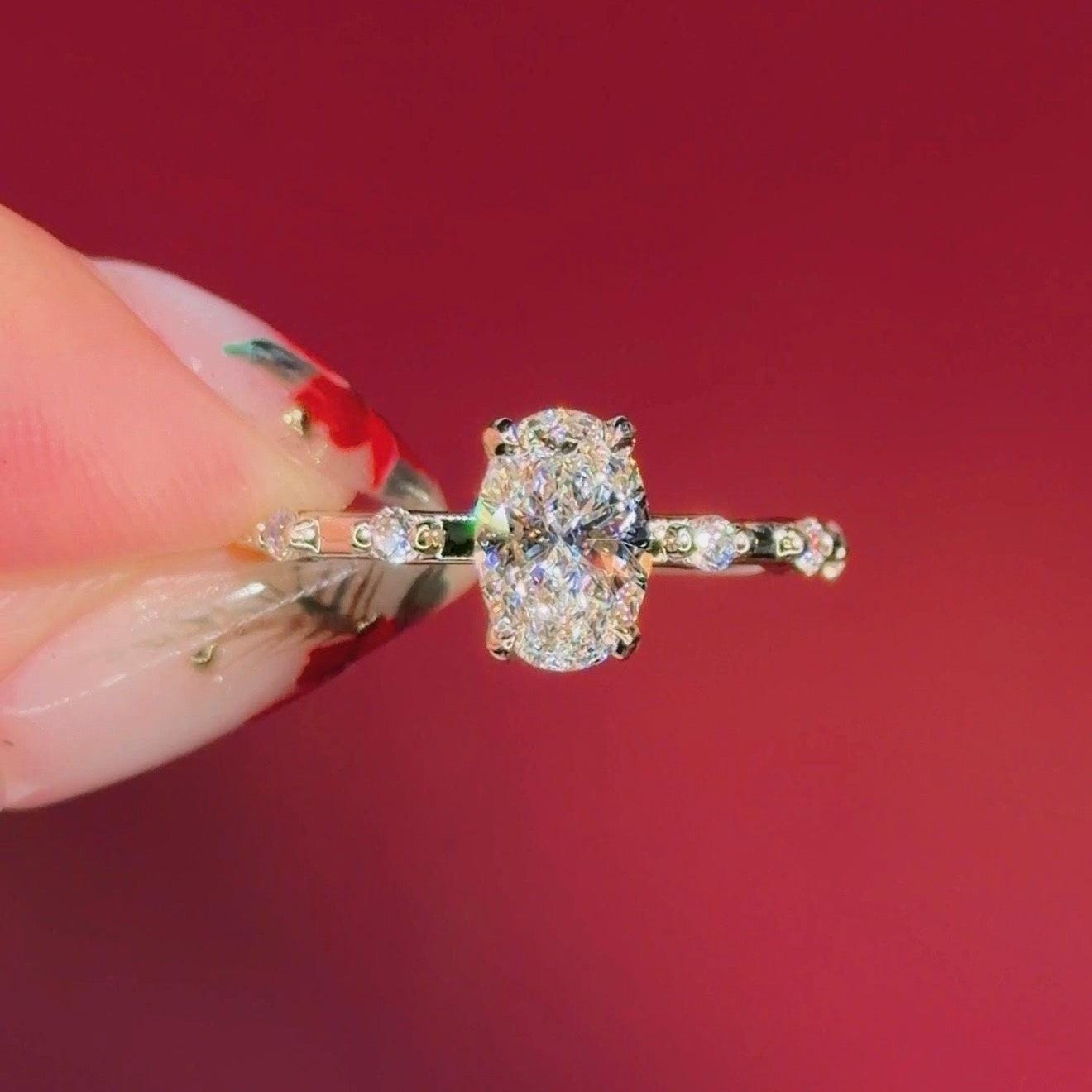 1 Ct Oval Lab Grown F - VS1 Diamond Ring / 1 CT Oval Diamond Thin Engagement Ring / Dainty Ring / 14k Gold Hidden Halo Oval Diamond Ring