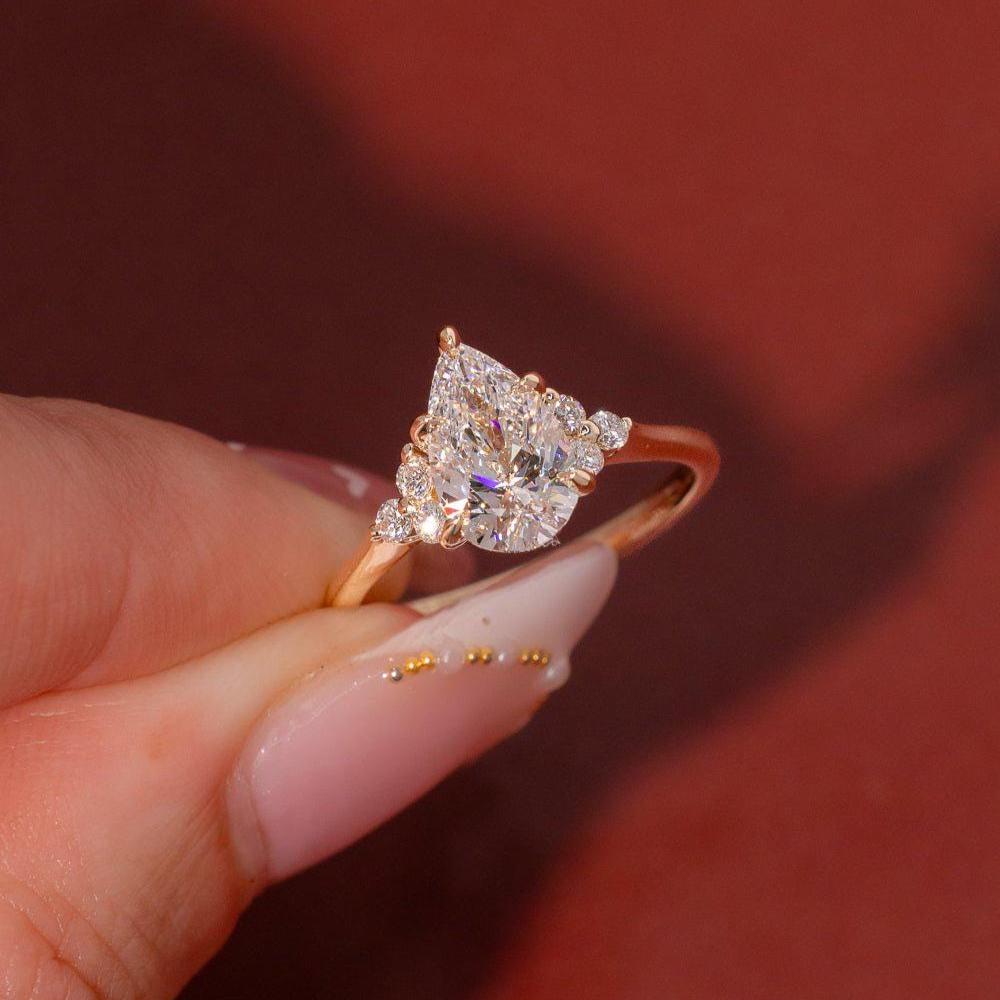 1.5 Carat D color VVS1 Clarity IGI CERTIFIED Pear Cut Lab Grown Diamond Engagement Ring Side Round Solid 14k Yellow Gold